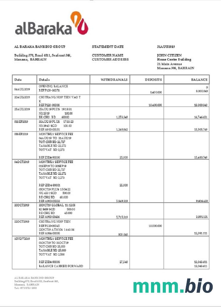 Wyciąg bankowy Bahrain Al Baraka łatwy do wypełnienia szablon .xls i .format pliku pdf